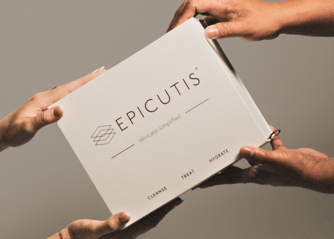 Epicutis skincare kit box held by hands in Dallas, TX & surrounding area